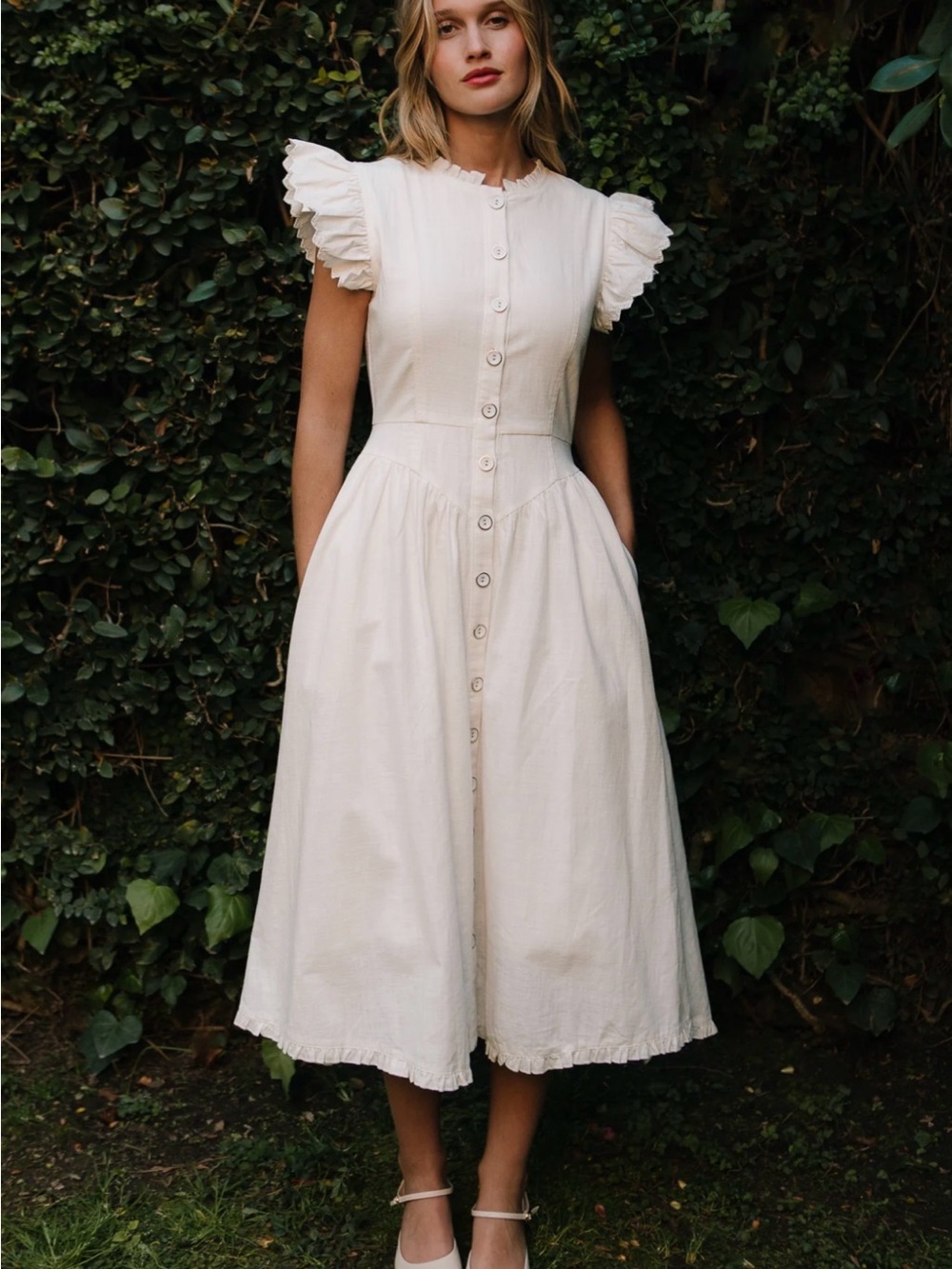 Ivy City Co Nelly White Button-Front Midi Dress with Ruffle Sleeves